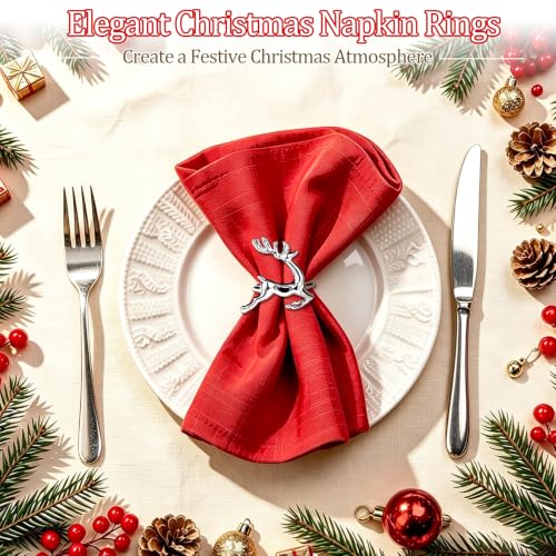 Image of Legigo Set of 8 Christmas Deer Napkin Rings Set- Silver Deer Xmas Napkin Ring Holders for Cloth Napkins, Christmas Holiday Party Dinner Table Decoration