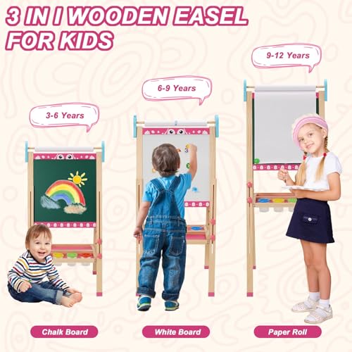Kinder Staffelei 3 in 1 Maltafel Kindertafel mit Papierrolle, Doppelseitige, Höhenverstellbar Standtafel 95-125cm All-in-One Staffeleien mit 100+Pcs Malzubehör Schultafel fur Kinder ab 3-8 Jahre(Rosa)