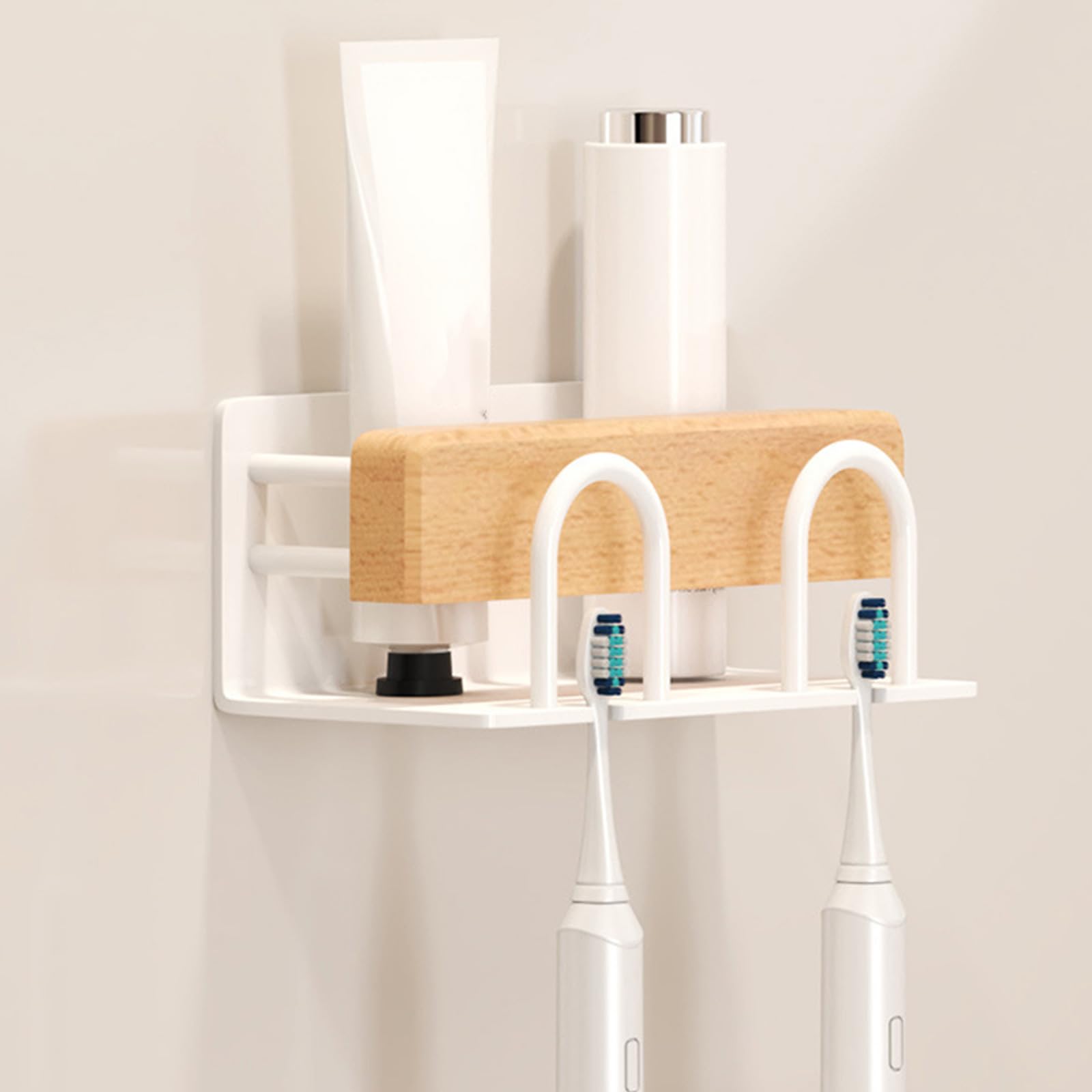 Organizador de madera para cepillo de dientes eléctrico con marco de aluminio que ahorra espacio para comodidad en el baño