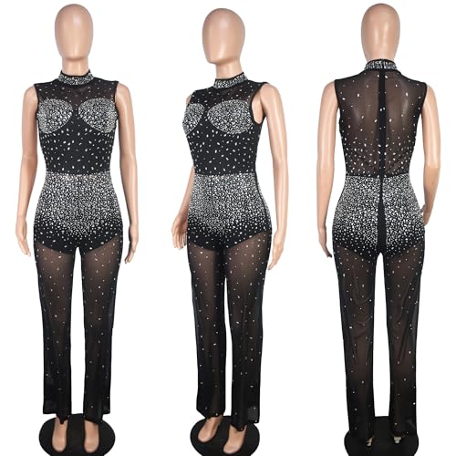 Image of Jigfar Women Sexy Sparkly Rhinestone Mesh See Through Bodycon Jumpsuit Birthday Party Club Night Outfit(FY1019,Black,M)