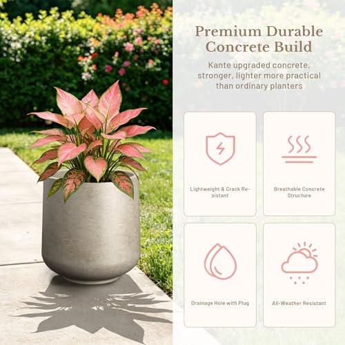 Image of Kante Weathered Concrete Planter 13 inch Dia All-Weather Round Accent Pot | Handcrafted Cement Curved, Anti-Frost & UV Outdoors, Plug for Indoor, Lightweight & Durable, Modern Home, Garden, Porch