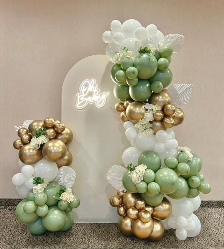 Image of Sage Green White Gold Balloon Arch Kit, 156Pcs Latex Balloons Different Sizes 18 12 10 5 Inch Party Balloon Garland Kit for Baby Shower, Wedding, Engagements, Birthday, Anniversary Decorations