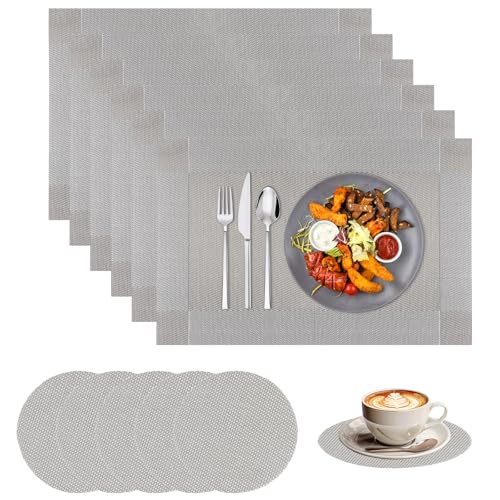 Anseom Juego de 6 Manteles Individuales Lavables Manteles Individuales y Posavasos Resistente Al Calor Antideslizante Salvamanteles Individuales PVC para Mesa de Cocina 45x30cm (Gris Plata)
