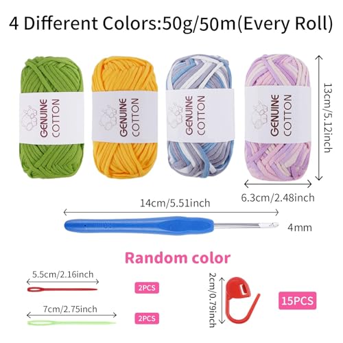 FOGAWA Easy Crochet Yarn for Beginners 4x50g Chunky Yarn for Crochet Amigurumi Yarn Cotton Yarn Thick Wool for Crafts Knitting with 4mm Crochet Hook 4 Plastic Needles 15 Stitch Markers
