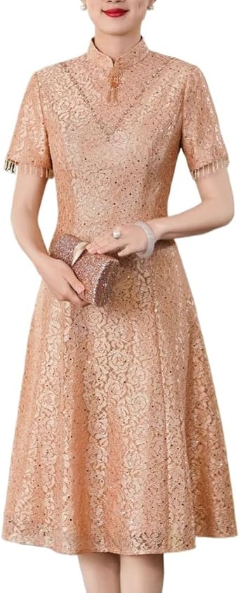HEARTTOUCH Womens Sequin Lace Cheongsam Elegant Traditional Chinese Qipao Summer Dress for Evening Party/Wedding Events