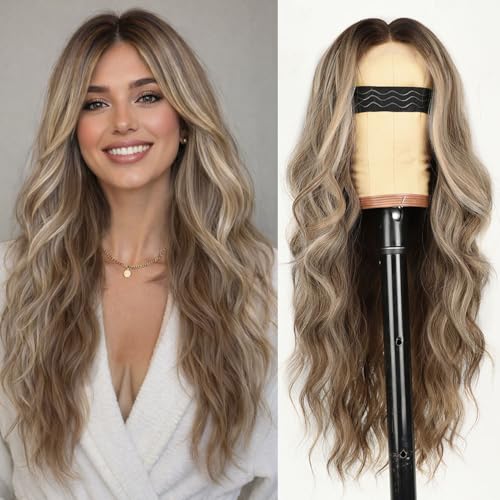 Image of AISI HAIR Ash Blonde Balayage Wig for Women, Long Wavy Lace Hairline Middle Part Synthetic Heat Resistant Wig for Daily Party-26 Inch