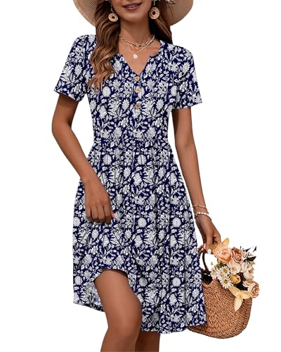 WNEEDU Summer Short Sleeve Midi Dress V Neck with Pockets