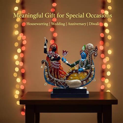Image of KRAFTSKALA Radha Krishna Boat Showpiece for Home Decor | Iron Metal Decorative Idol with Wooden Base | 15 Inch Spiritual Statue for Living Room, Bedroom, Temple & Gifting