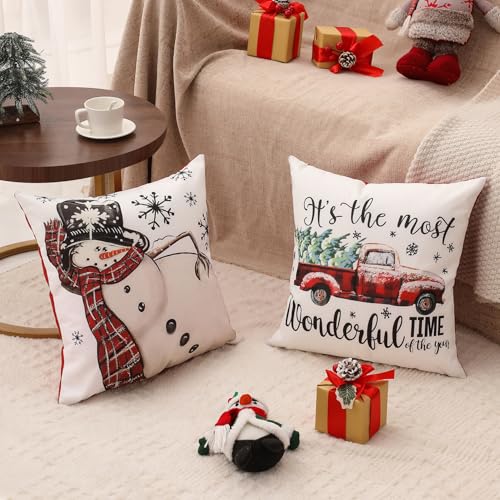 Double-Sided Print Christmas Pillow Covers 20"x20" Set of 4, 8 Cute Christmas Patterns, Tree, Truck, Joy, Merry Christmas, Let It Snow, Snowman Etc, Perfect for Home Decor