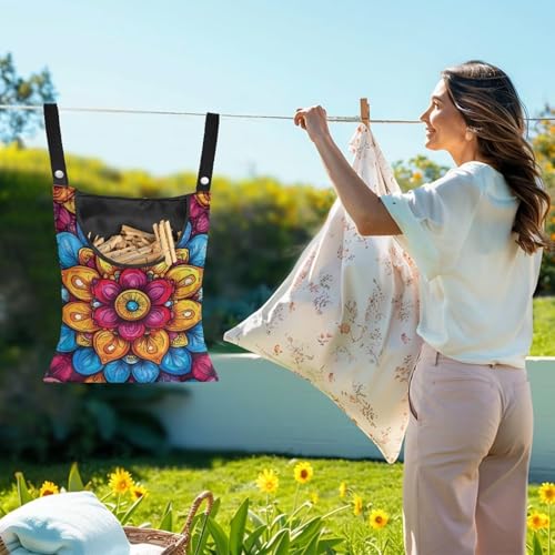 Commercial Grade Outdoor Clothespin Bag - Industrial Strength Windproof Storage Organizer - Heavy Duty Polyester Construction with Oversized Capacity Mandala Flower Print Colorful2