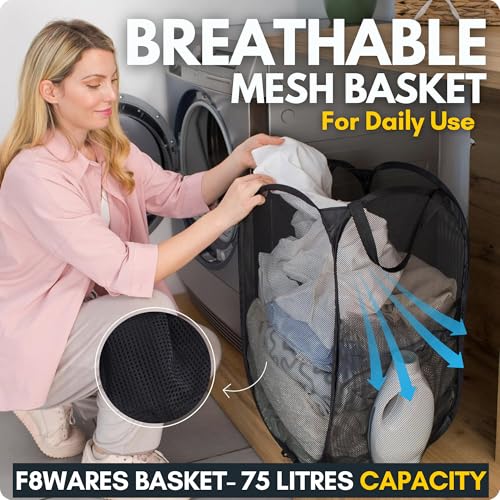 Image of F8WARES 2PK 75 Litres Nylon Mesh Foldable Laundry Basket for Clothes - Odourless Breathable Laundry Bag for Clothes with Carry Handles - Kids Toy Baskets For Storage & Dirty Cloth Basket Hamper Black