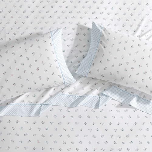 Image of Laura Ashley - Twin Size Sheet Set, Crisp & Lightweight Cotton Percale Bedding with Fitted Sheet and Pillowcase, Floral Room Decor, Deep Pocket, College Dorm Room Essentials (Harperette Blue)