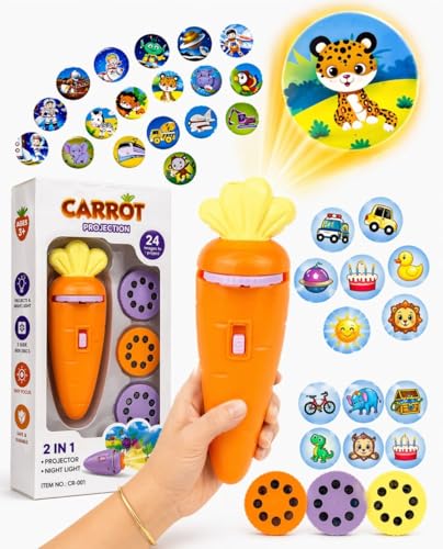 Image of Kids Projection Flashlight Torch Toy with 24 Picture Slides (3 Discs), Mini Projector Torch for Toddlers, Educational Light Toy for 1-3 Year Old Boys & Girls (Carrot Projector)