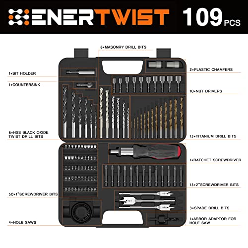 Enertwist Drill Bit Set, Drill Bits For Metal, Wood, Masonry-109Pcs Titanium, High Speed Steel Drill Bit Screwdriver Bit Set With Ratchet Screwdriver In Storage Case #TOP1