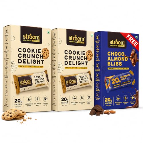 Image of STROOM Centre Filled Protein Bar Cookie Crunch & Choco Almond Combo | 2 box Cookie Curnch + 1 box Choco Almond | Source of Iron & Calcium, Natural Antioxidants, 5 Bars per pack, 63g Each Bar