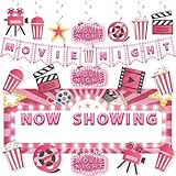 Pink Movie Night Party Decorations 36Pcs Now Showing Party Supplies Include Movie Theme Party Banner Film Backdrop Hanging Foil Swirls Cardstocks for Girls Film Theater Festival Birthday Party Decor
