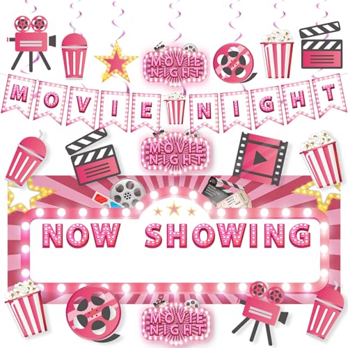 Pink Movie Night Party Decorations 36Pcs Now Showing Party Supplies Include Movie Theme Party Banner Film Backdrop Hanging Foil Swirls Cardstocks for Girls Film Theater Festival Birthday Party Decor