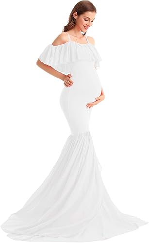 Miniatura 41 de MYRISAM Vestido de maternidad con volantes y hombros descubiertos para mujer, vestido de fiesta de sirena de gasa, vestido ajustado Verde