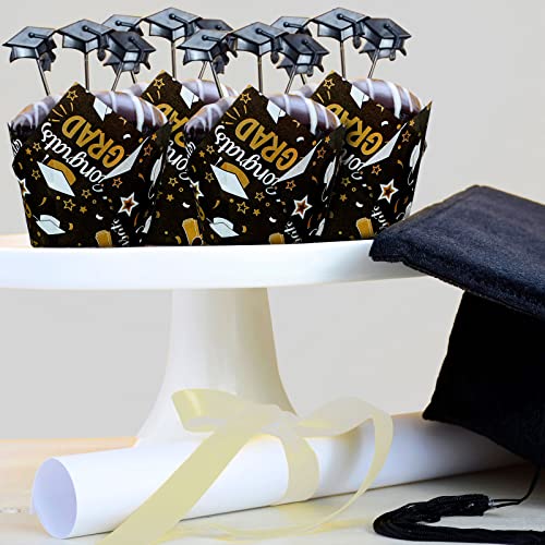 200 Pcs Graduation Tulip Cupcake Liners 2023 Congrats Grad Paper Baking Cups Black Gold Greaseproof Muffin Liners Holders Graduation Cap Cup Cake Paper Cup Tulip Cupcake Wrappers For Graduation Party #TOP5