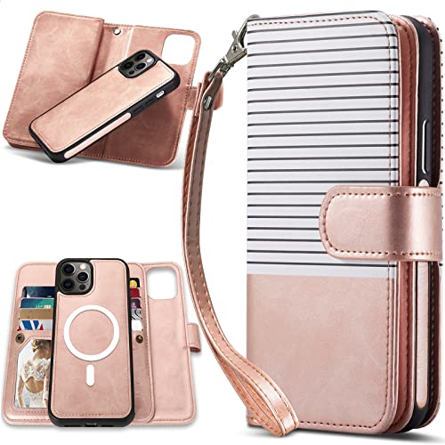 CASEOWL iPhone 13 Pro Max Case Wallet for Women Men, [Support Magsafe Wireless Charging] Magnetic Detachable Folio Leather Phone Wallet Case with Card Holder RFID Blocking, Wrist Strap(Rose Pink)