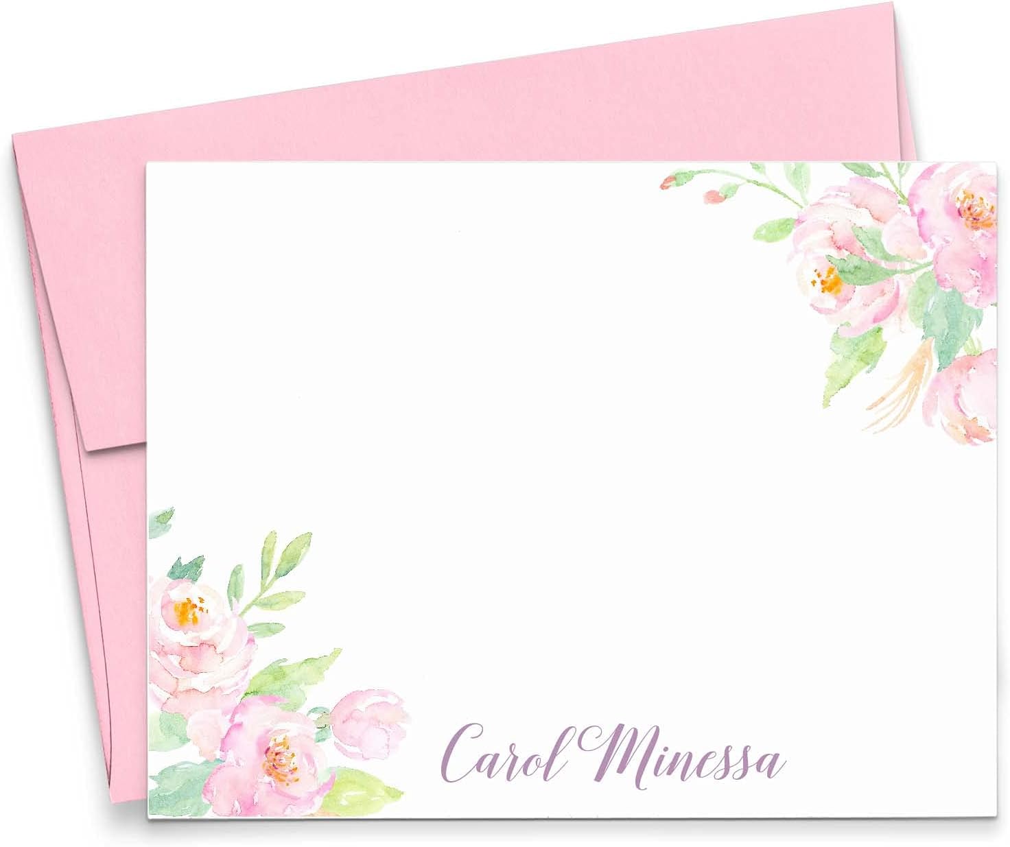 Modern Pink Paper Personalized Floral Stationary with Envelopes, FLAT Floral Notecards for Women, Personalized Floral Note Cards with Envelopes, Your choice of Colors and Quantity