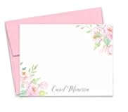 Modern Pink Paper Personalized Floral Stationary with Envelopes, FLAT Floral Notecards for Women, Personalized Floral Note Cards with Envelopes, Your choice of Colors and Quantity