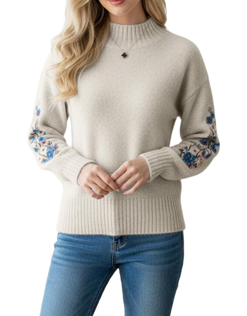 Womens Floral Embroidered Sweaters Trendy Mock Neck Long Sleeve Lightweight Knit Pullover Tops