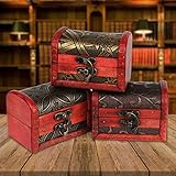 Kleine Schatztruhe aus Holz, 3er Set Mini-Schatztruhe, Holztruhe Schatzkiste Vintage Look Antikes Design Piraten Schatzsuche Holz Rot Braun Spardose Schmuck-Schatulle Bauernkasse Holz Sparkasse Truhe