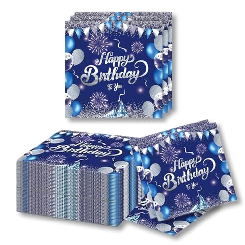 fKiZanthene 40 Pièces Serviettes de Fête Happy Birthday, Serviettes Blau avec Imprimé Argent, Serviette en Papier à Pâte de Bois pour Fête d'Anniversaire...