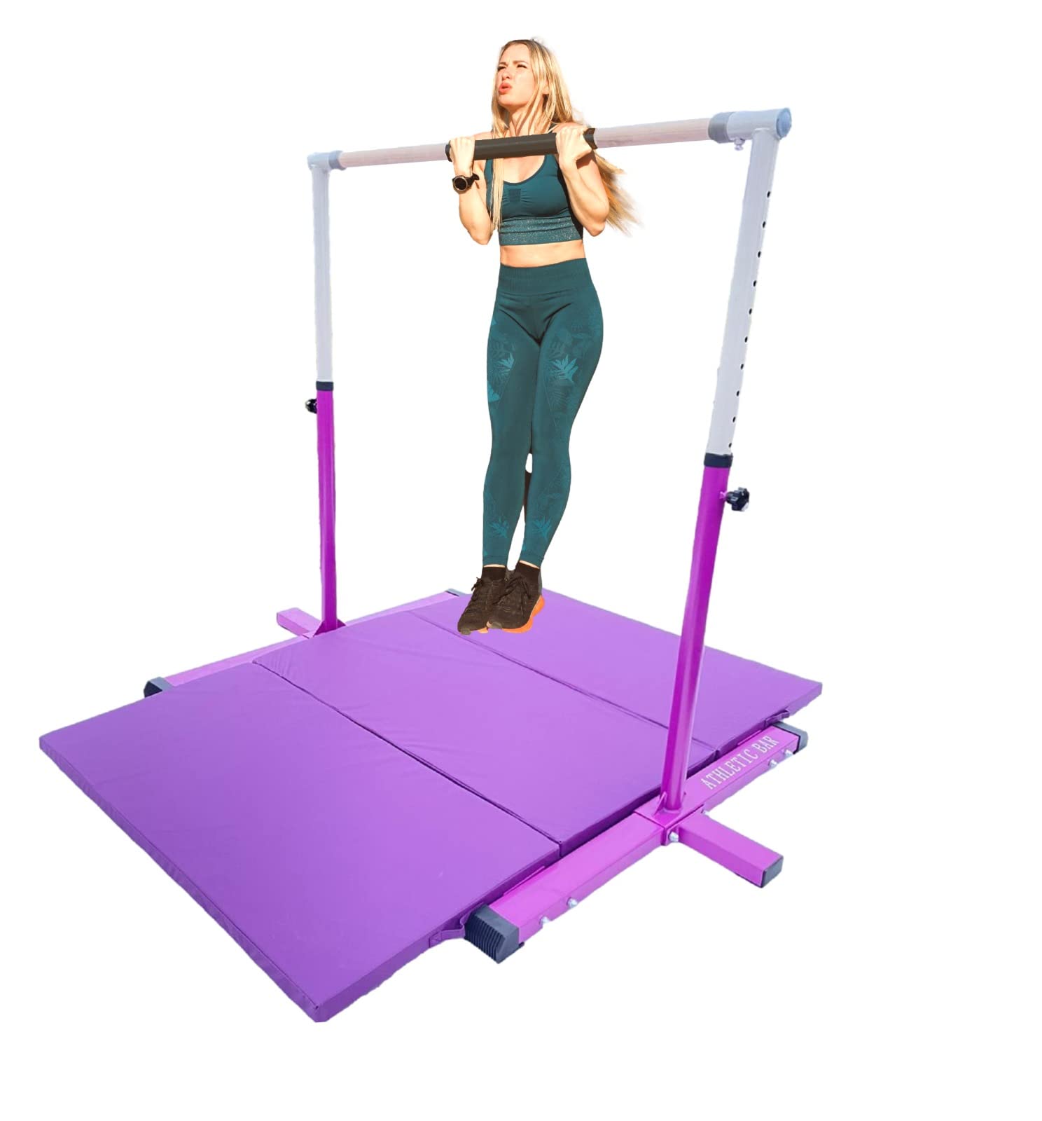 Athletic Bar Gymnastics Bar Kip Bar for Kids with 6'x4' Tumble Gymnastics Mat Set, Adjustable Height 3 to 5 FT Horizontal Bar Professional Junior Gymnast Gymnastic Bar Expandable Asymmetric Bar Purple