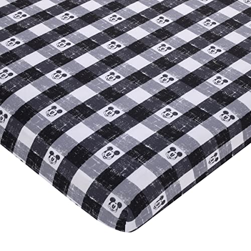 Image of Everything Kids Disney Mickey Mouse - Black, White and Gray Plaid Nursery Polyester Fitted Mini Crib Sheet