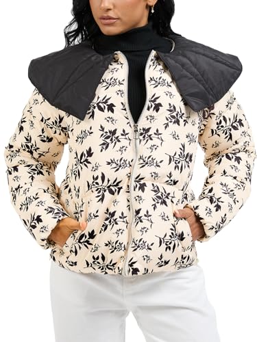 CUFEZN Quilted Puffer Jacket for Women: Beige Floral Print with Peter Pan Collar, Small Size, Cozy and Chic Outerwear - Image 4
