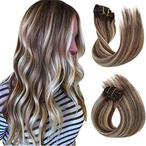 Balayage Ombre Clip in Hair Extensions Dark Brown to Chestnut Brown with Blonde Highlighted Remy Clip in Human Hair Extensions 8 Pcs Double Weft Straight Clip on Real Hair Extensions for Women 14Inch