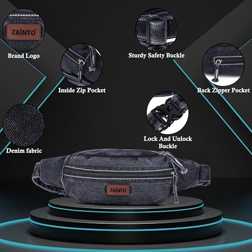 Image of Zainto Denim Waist Bag for Men & Women - Stylish and Durable Fanny Pack for Travel, Hiking, and Everyday Use (Carbon Black)
