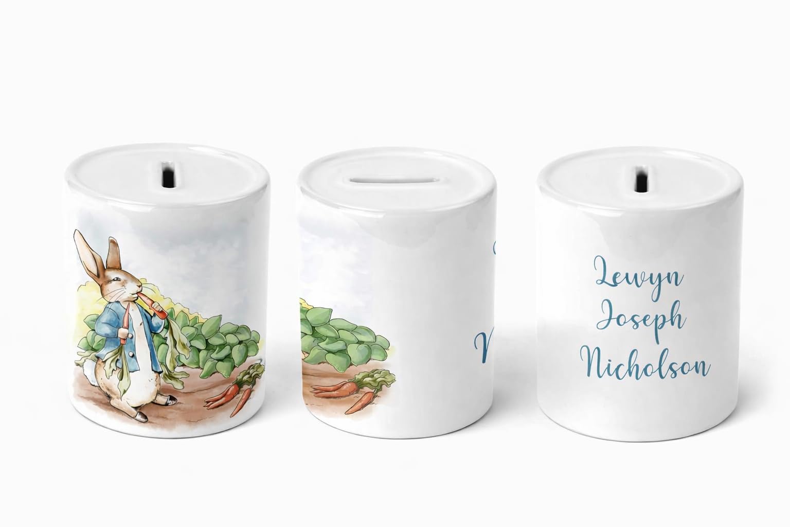 Personalised Bunny Money Box – Ceramic Coin Bank With Custom Name – Baby Boy Gift – Carrot Garden Scene – Keepsake Nursery Decoration HAG9996