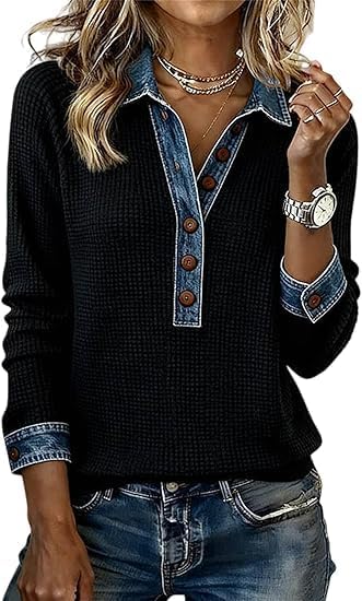 Collared Shirts for Women with Buttons Denim Patchwork Pullover Vintage Printed Sweatshirts Casual Jean Tops Blouses