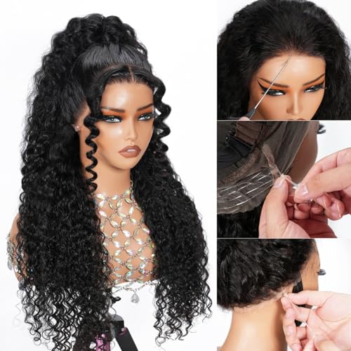 360 Lace Front Wig Human Hair Deep Wave – Pre-Cut HD Transparent Lace, Hidden Strap Glueless Wig with Drawstring, Pre-Plucked Bleached Knots, 18 Inch Wet & Wavy 180 Density for Black Women