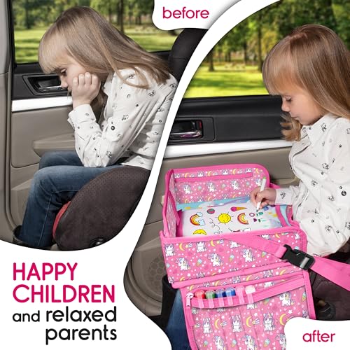 Image of Kids Travel Tray - Waterproof Lap Table with No-Drop Large Tablet Holder - Car Seat Tray - Road Trip Essentials Kids - Car Desk Organizer for Airplane - Toddler Travel Essentials (UNICORN)