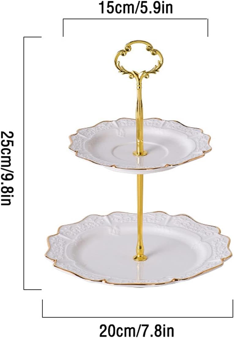 Cake Stand with Metal Handle Ceramic Detachable Dessert Table Multi-Purpose Cupcake Display Stand Afternoon Te (White L) (Green S)