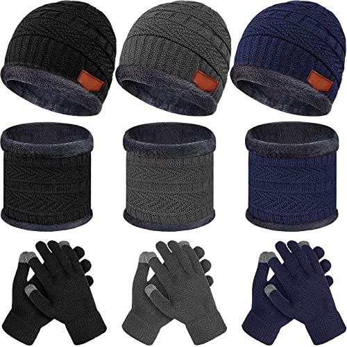 JaGely 9 Pcs Kids Knit Winter Hat Glove Scarf Set Toddler Beanie Cap Warm Neck Warmer Scarf Touchscreen Glove for 5-14 Years(Black, Navy, Gray)