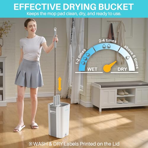 Image of JOYMOOP Flat Mop System, 8L Mop and Bucket Set with Extension Handle, White, Large Capacity Floor Cleaning Mop for Household & Commercial Use, Includes 5 Microfiber Pads for Wet & Dry Cleaning