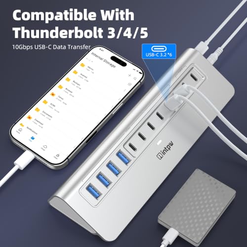 Image of Powered USB Hub 10Gbps, intpw 12-Port USB 3.2 /USB C Hub (4 x USB-A 3.2 + 6 x USB-C 3.2 10Gbps +2 x PD 45W Fast Charging Ports), 3Ft Cable, Aluminum USB Hub for PC /Laptop /iPhone 17 /16 /MacBook Neo