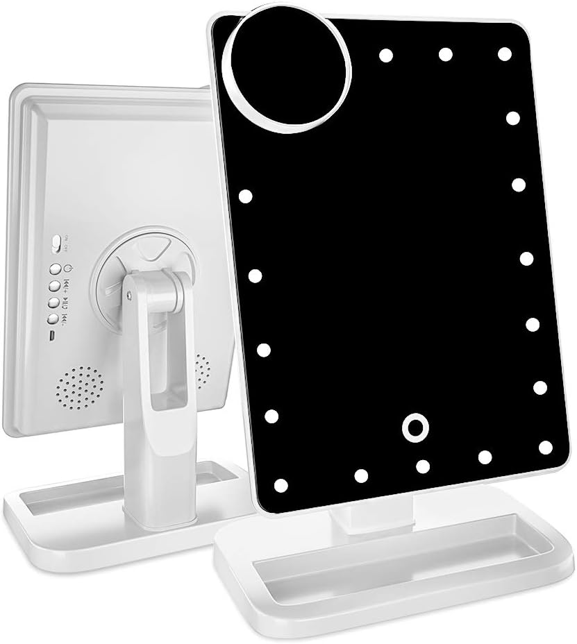 FENCHILIN Vanity Mirror with Lights Bluetooth Lighted Makeup Mirror Touch Screen Wireless Audio Speaker Dimmable Light Detachable 10X Magnification Rechargable Power (White)