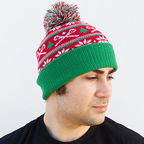 Ugly Christmas Sweater Lacrosse Pom Pom Beanie Hat | Lax Hats by ChalkTalk Sports Red/Green - Thumbnail 4