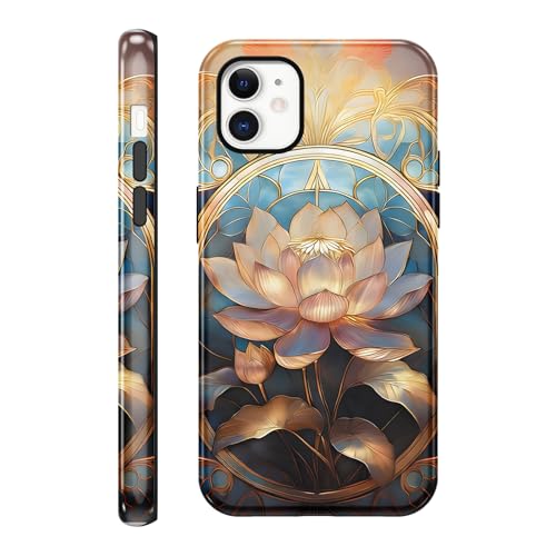 Cinysnt Cute Gold Flower Stained Glass Phone Case for iPhone 11 6.1", Aesthetic Lotus Magnolia Floral Pattern 2-in-1 Glossy Phone Cover Shockproof Soft TPU Hard PC Protection Girls Women Funda