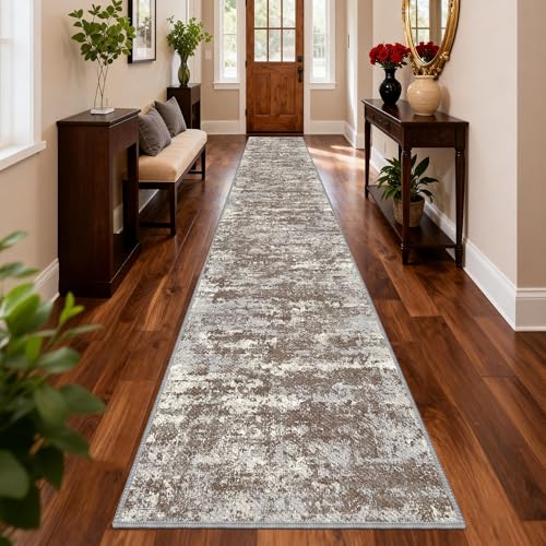 TTelephant Washable Carpet Runners for Hallway 18ft-Non Slip Floor Runners for Dogs, Abstract Hallway Runner Rug with ‌Silicone Backing, Stain Resistant Rug for Indoor High Traffic,2.6x18,Brown