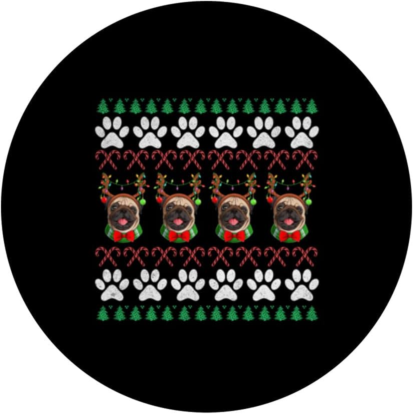 Cute Christmas Pug Puppy - Pug Xmas Paw Prints PopSockets Adhesive PopGrip, Black - Image 4