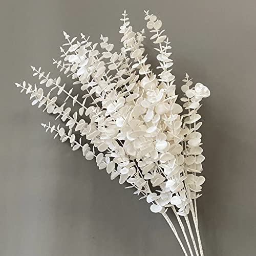 Rinlong Künstliche weiße Eukalyptusstiele, Winterblumen, weiße Blumen, künstliche für Dekoration, künstliche weiße Blumen, weiße Grünzweige für Vase, Badezimmer Cover