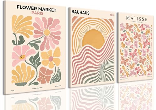 BingruiArt Boho Abstract Wall Art Yellow Canvas Flower Market Posters Set of 3 Bauhaus Pictures Matisse Print Floral Aesthetic Painting Decor for Dorm Living Room Bedroom 12"x16" Framed