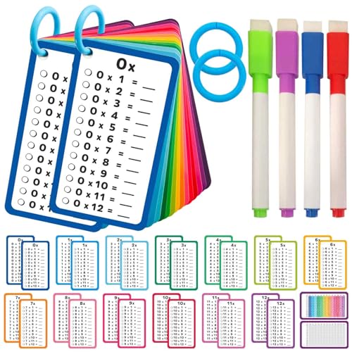 Artreeiger Multiplication Flash Cards 0-12, Large Math Flash Cards with 4 Dry Erase Markers, 2 Rings, 2 Multiplication Charts for Classroom & Home Fun Math Games